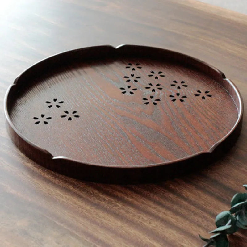 Japanese wooden dessert plate with sakura cherry blossom cutouts, 30cm diameter