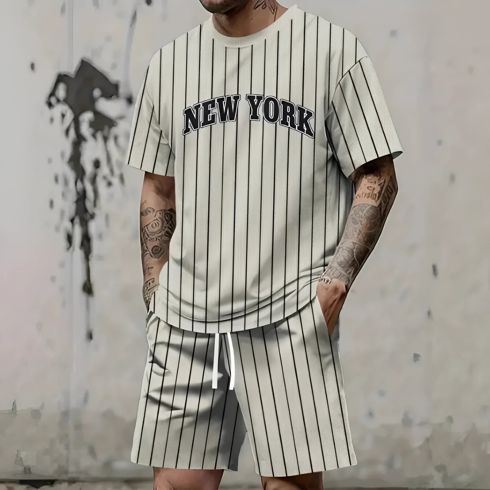 Men's grey sports suit with 3D printed text on the chest, showing short sleeve top and matching shorts.