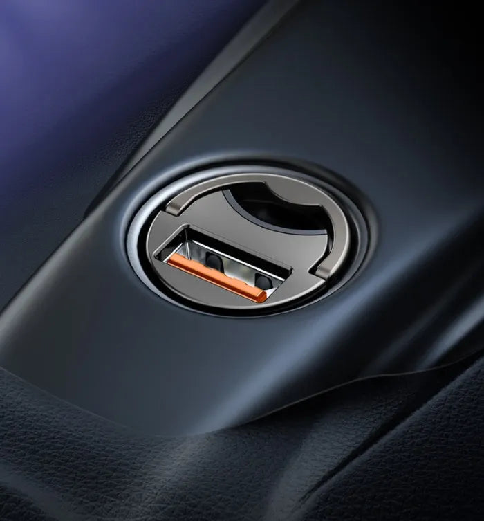 Baseus electro-optical grey 30W USB car charger with 1 metre cable plugged into car socket