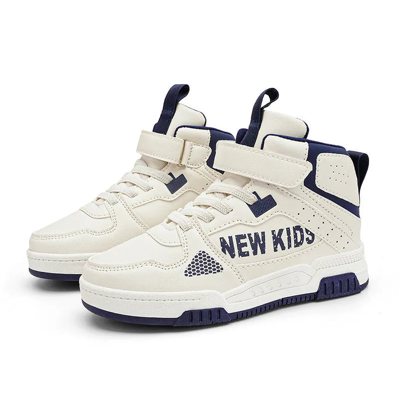 Children's buckle closure sneakers with letter pattern in beige green, blue, white powder, and white & purple colours