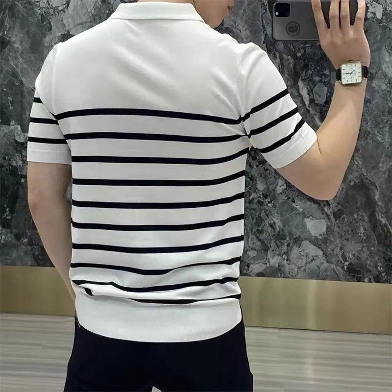 Men's black and white striped lapel collar knitted T-shirt pullover on hanger