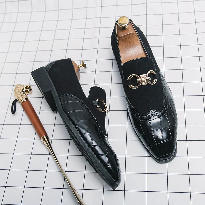 Men's black Korean-style pointed toe leather shoes with decorative sewing lines on artificial PU upper
