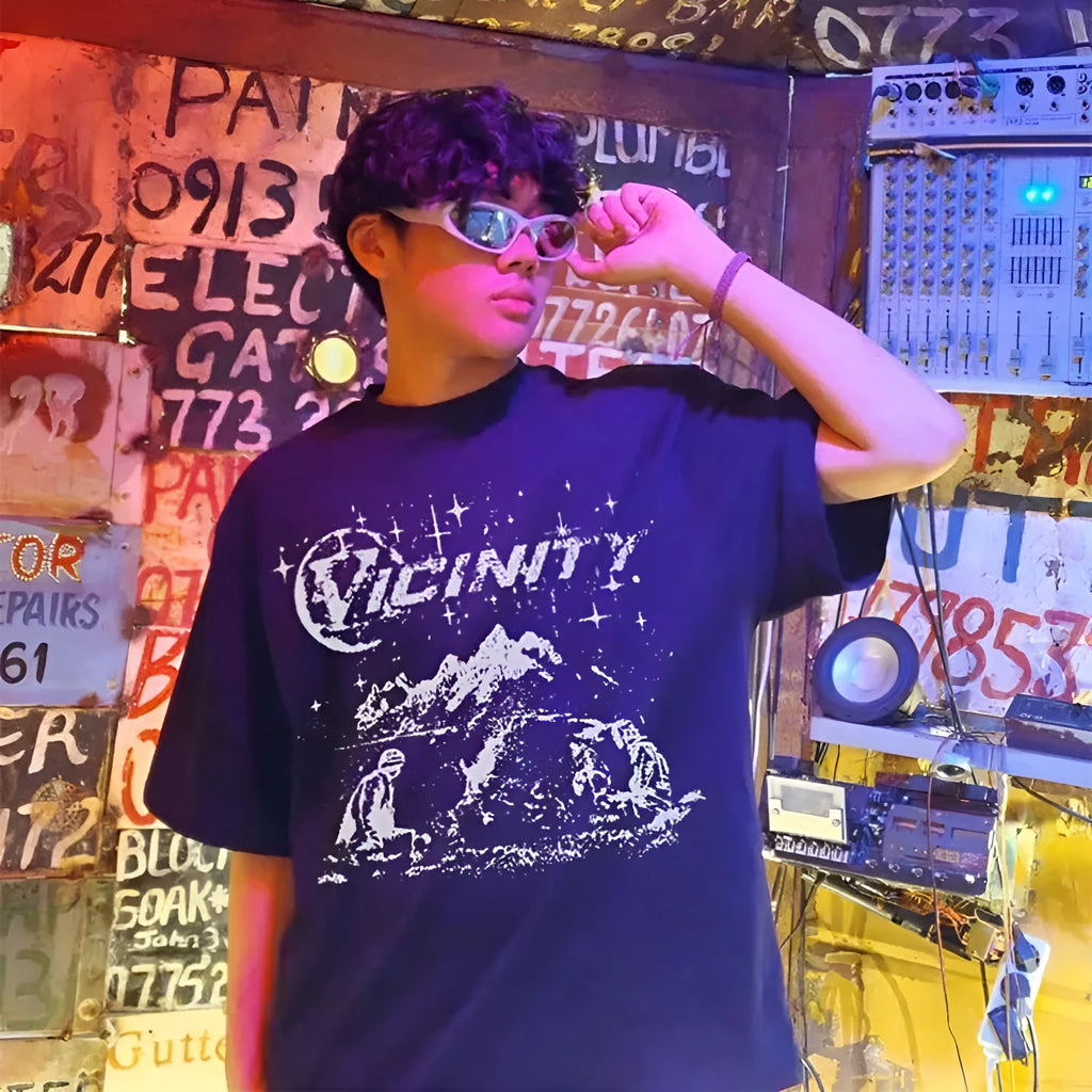 Men's Y2G loose cotton t-shirt with vicinities printing in black colour, front view