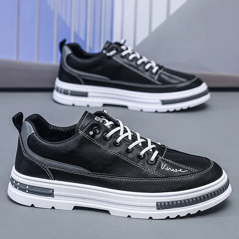 Men's white and black platform sneakers with elastic band closure and artificial PU upper