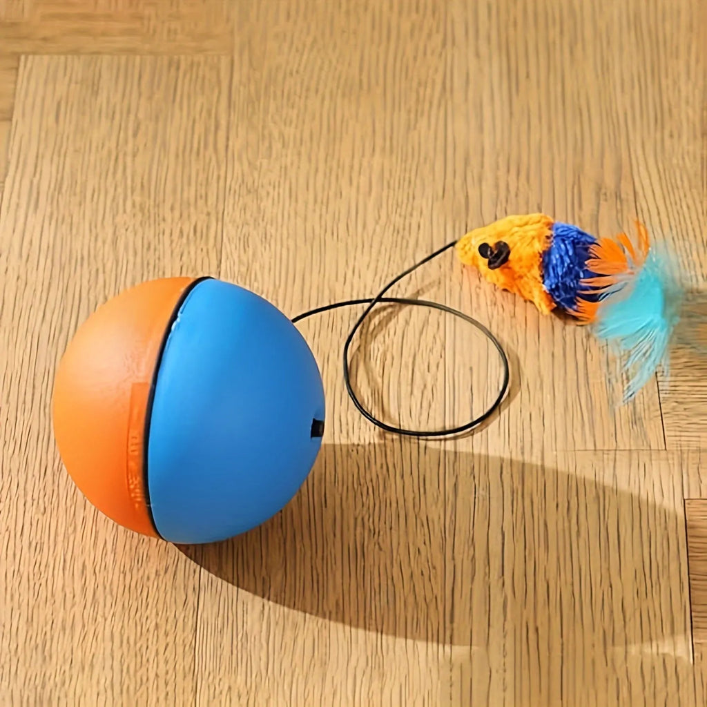 Interactive blue and orange plush mouse cat toy with feather teaser, 8.5cm diameter