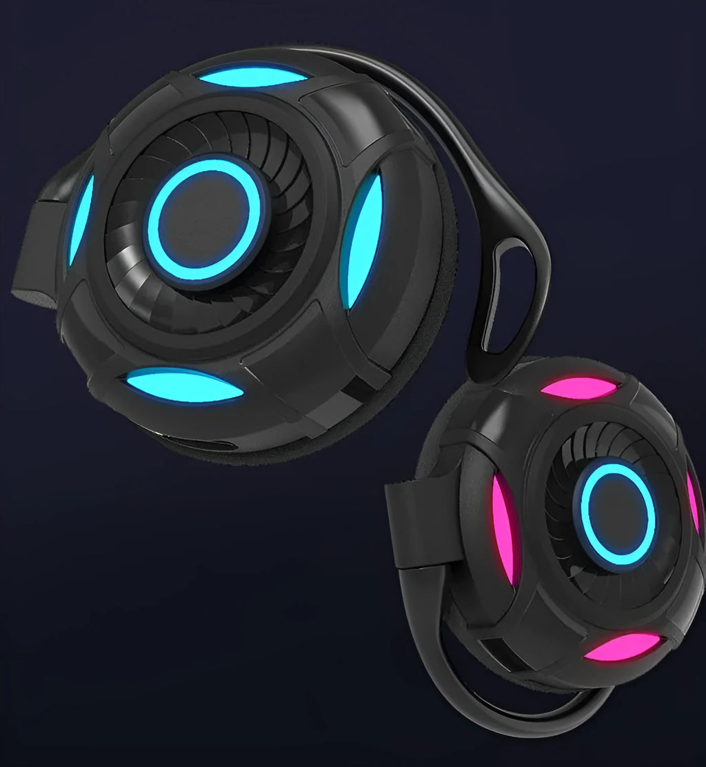 Black and white wireless Bluetooth earphones with hanging ear design