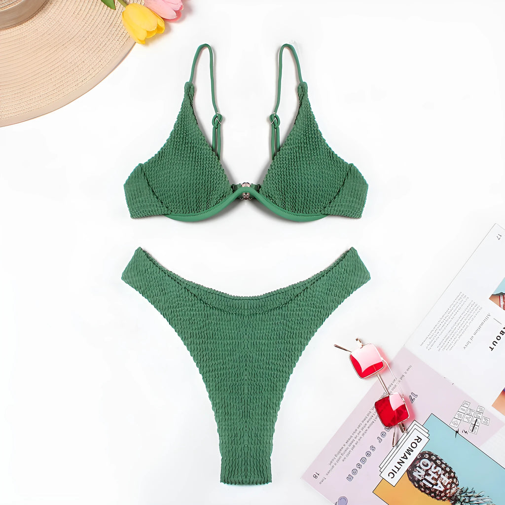 Green women's bikini swimsuit with ruffle detail and split-style briefs