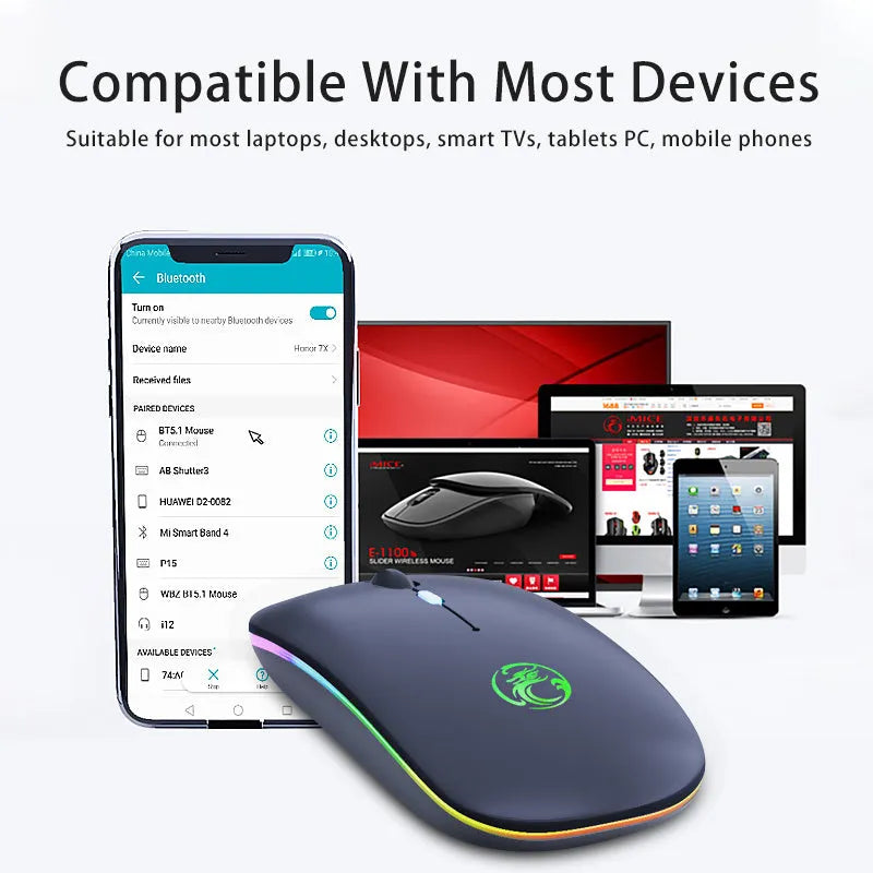 Black or white dual-mode wireless silent mouse with a scroll wheel and charging port.