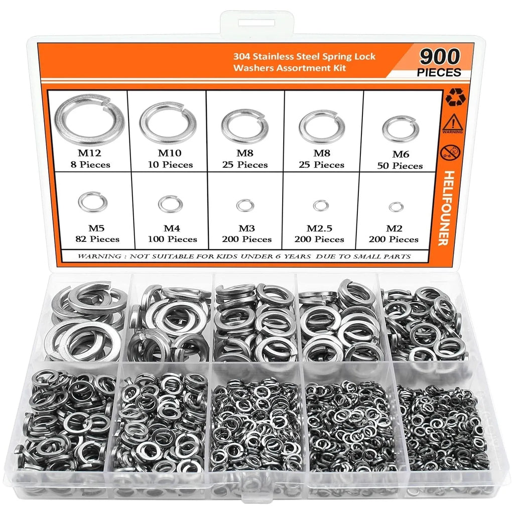 304 stainless steel spring lock washer combination box containing 900 pieces for metric bolts 2-12mm