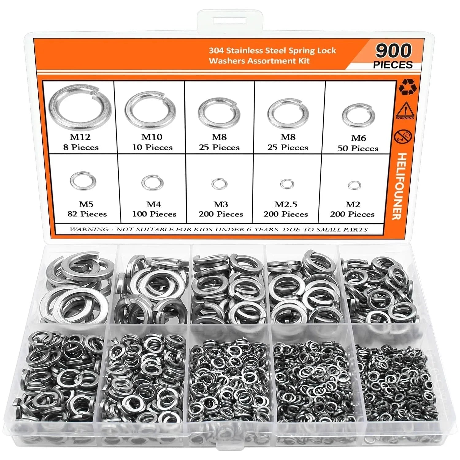 304 stainless steel spring lock washer combination box containing 900 pieces for metric bolts 2-12mm