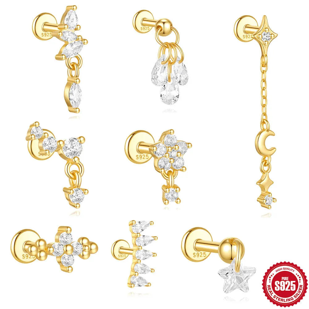 S925 sterling silver geometric moon diamond star piercing earrings in a gold colour finish.