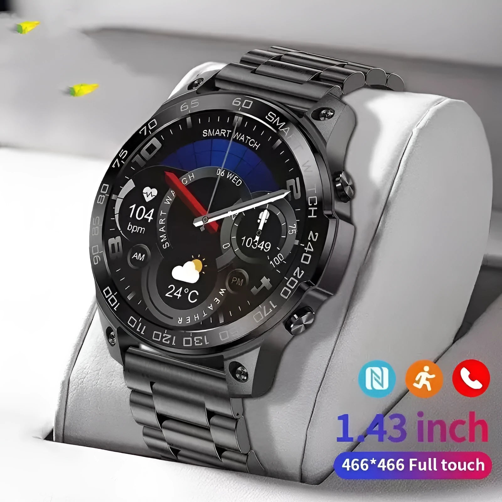 Black Bluetooth sports watch with round AMOLED screen and silicone strap on a wrist.