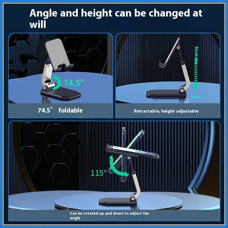 Universal folding portable desktop phone stand in weighted pearl white colour on a wooden table.