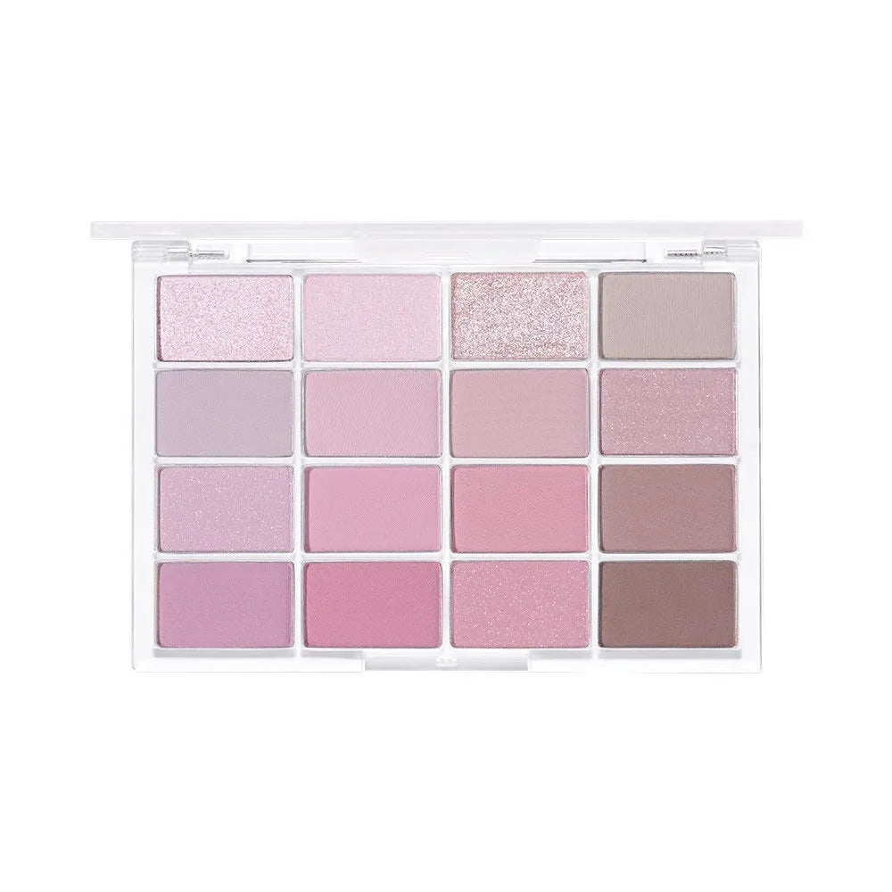 Crouching Silkworm 16-colour eyeshadow palette showing pink and brown shimmer and matte shades