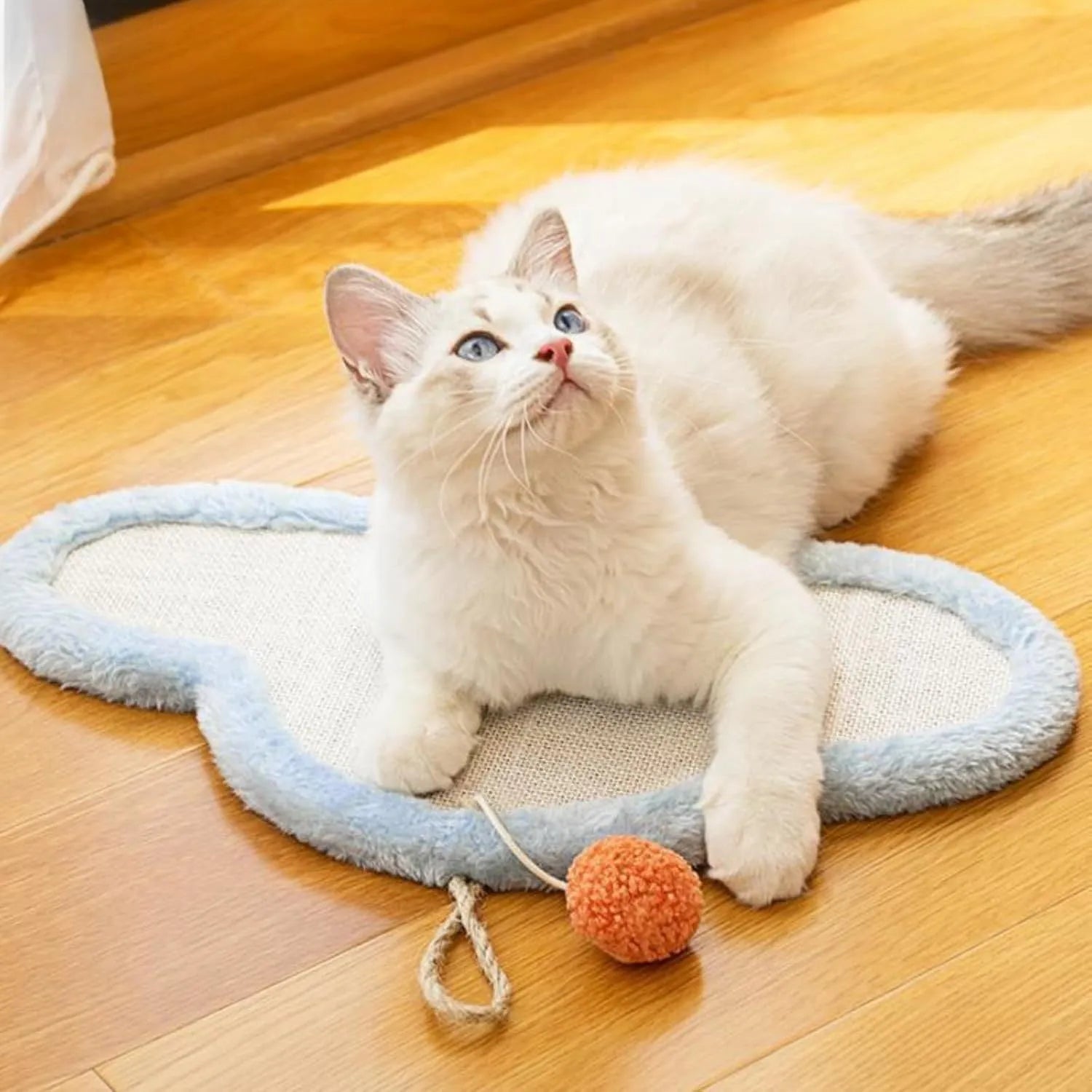 White cat scratching mat with sleeping cat design, natural sisal material, wall mounted or floor use