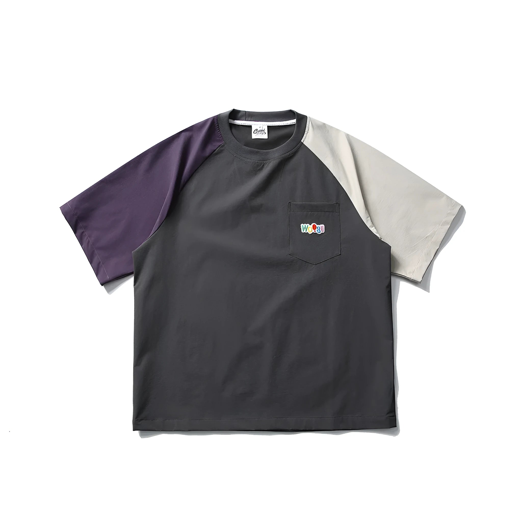 Dark grey men's T-shirt with contrast colour raglan sleeves and loose casual fit