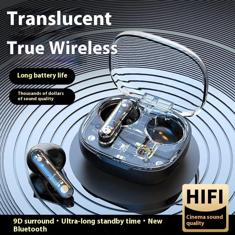 Translucent Bluetooth headset in clear ABS plastic with in-ear fit and charging case