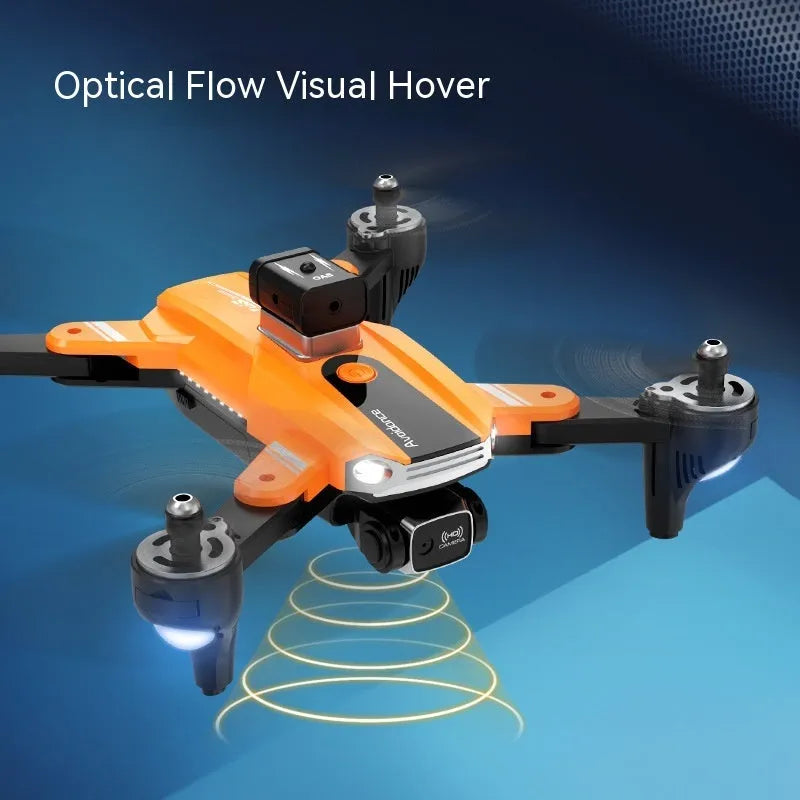Orange four-axis plastic drone with propellers, featuring a dual camera and obstacle avoidance sensors.