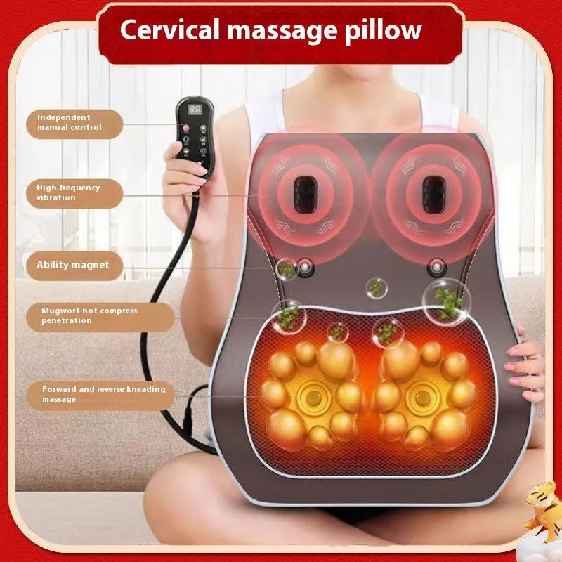 Heating electric magnetic therapy vibration massage pillow Deluxe Silver Grey edition with remote control on a chair