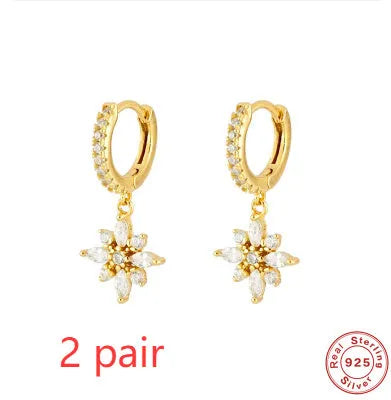 S925 sterling silver snowflake pendant earrings with geometric design and diamond accent in yellow or white gold colour
