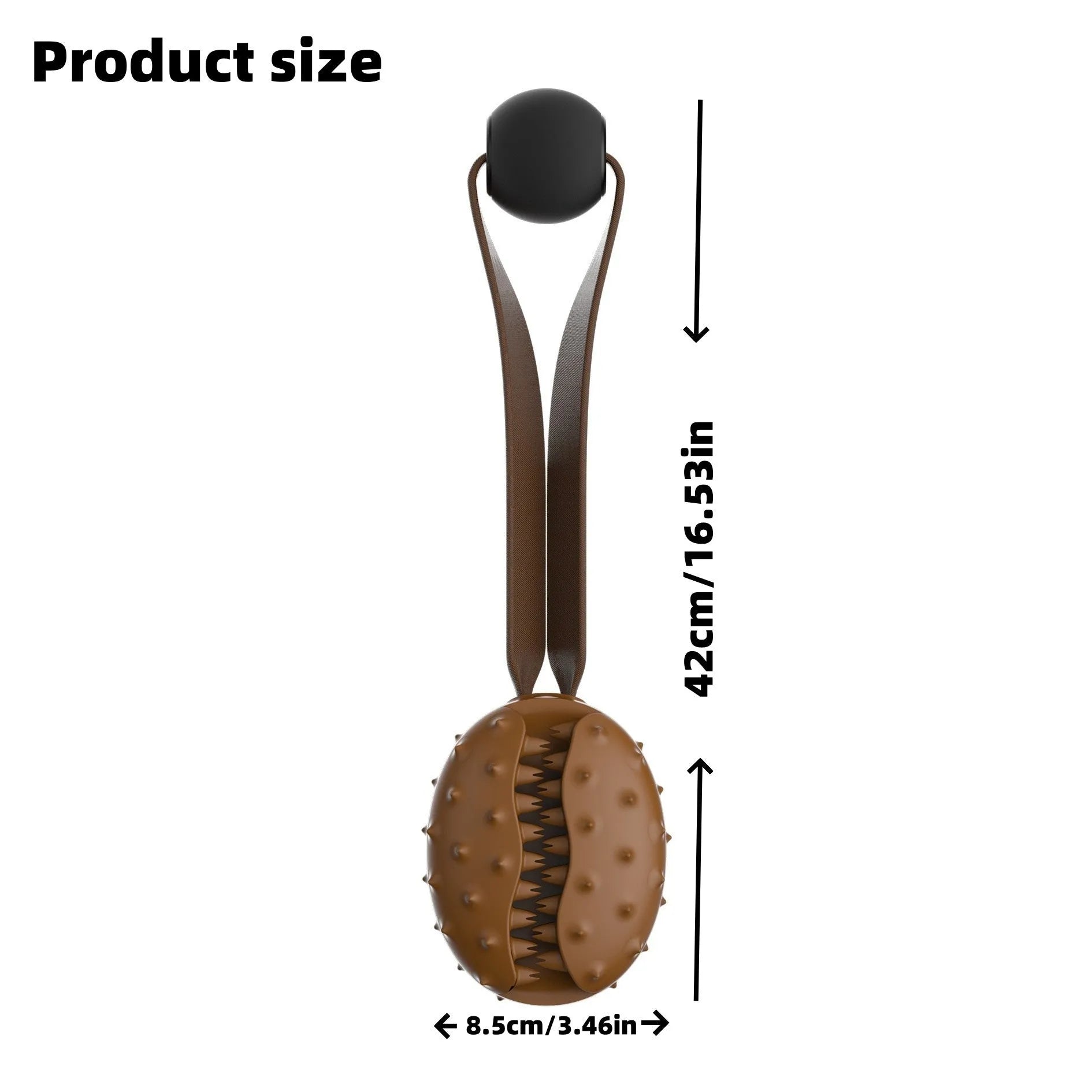Coffee coloured, bean-shaped TPR dog chew toy with rope knots and a treat-holding cavity.