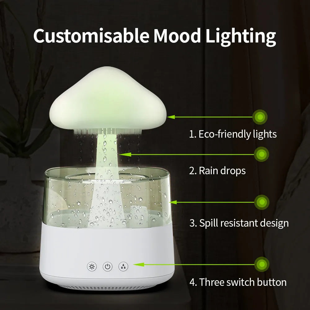 White raining cloud mushroom lamp humidifier and aromatherapy diffuser on a desk.