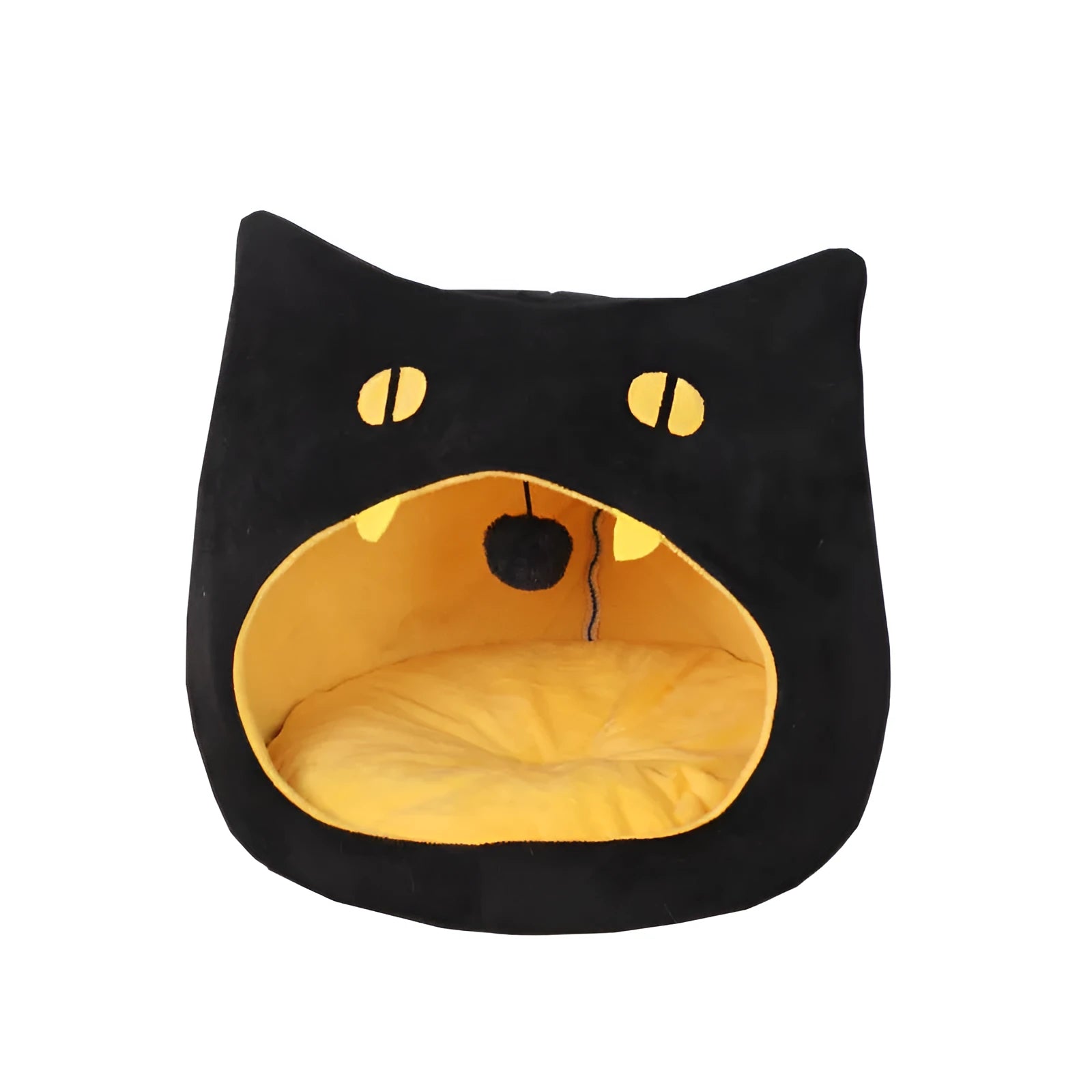 Cat-shaped covered pet bed with plush material and anti-slip bottom in two size options