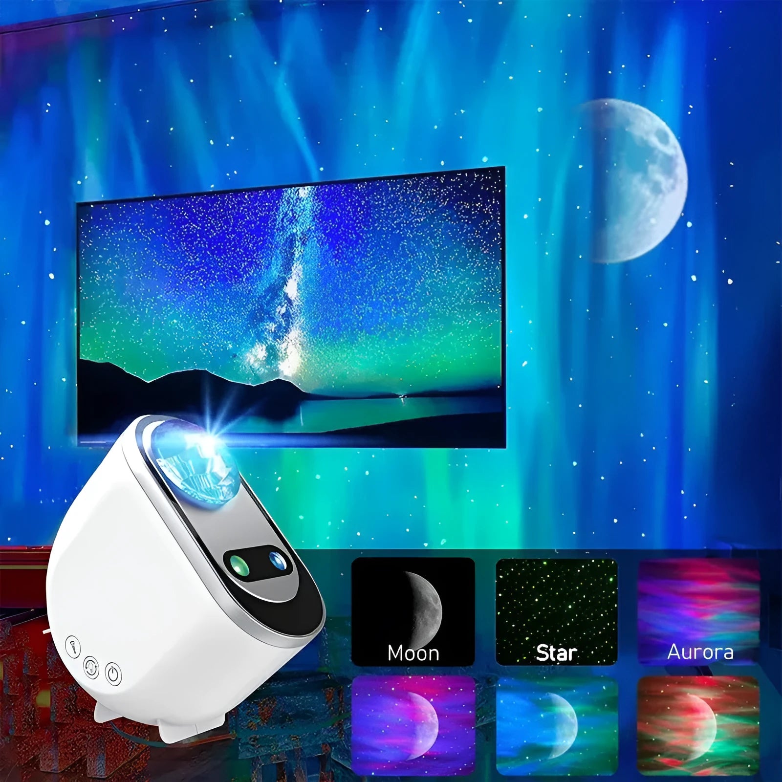 White ABS plastic star projector lamp with aurora borealis and galaxy night sky projection effects