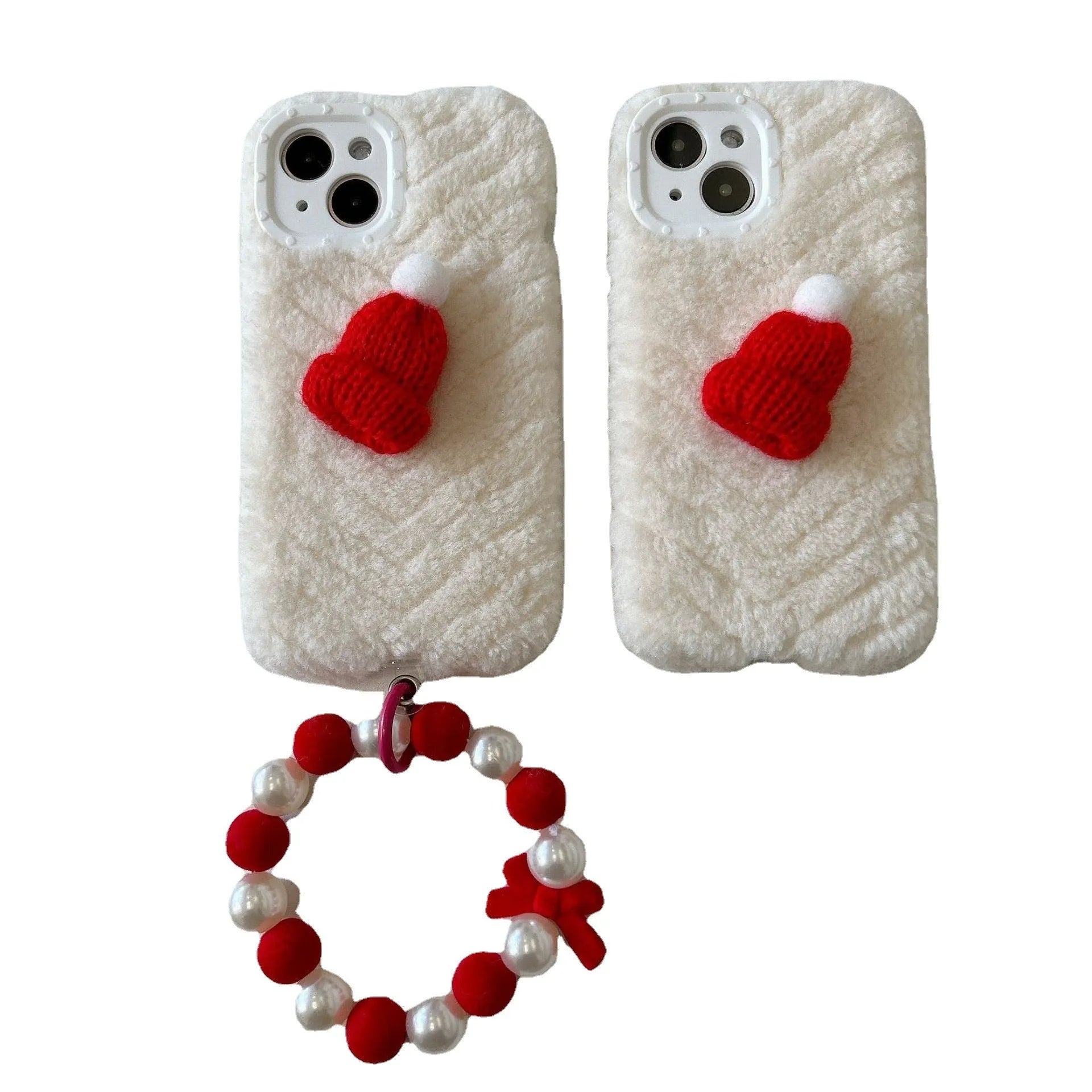 Red silicone iPhone back cover with attached plush Christmas hat bracelet