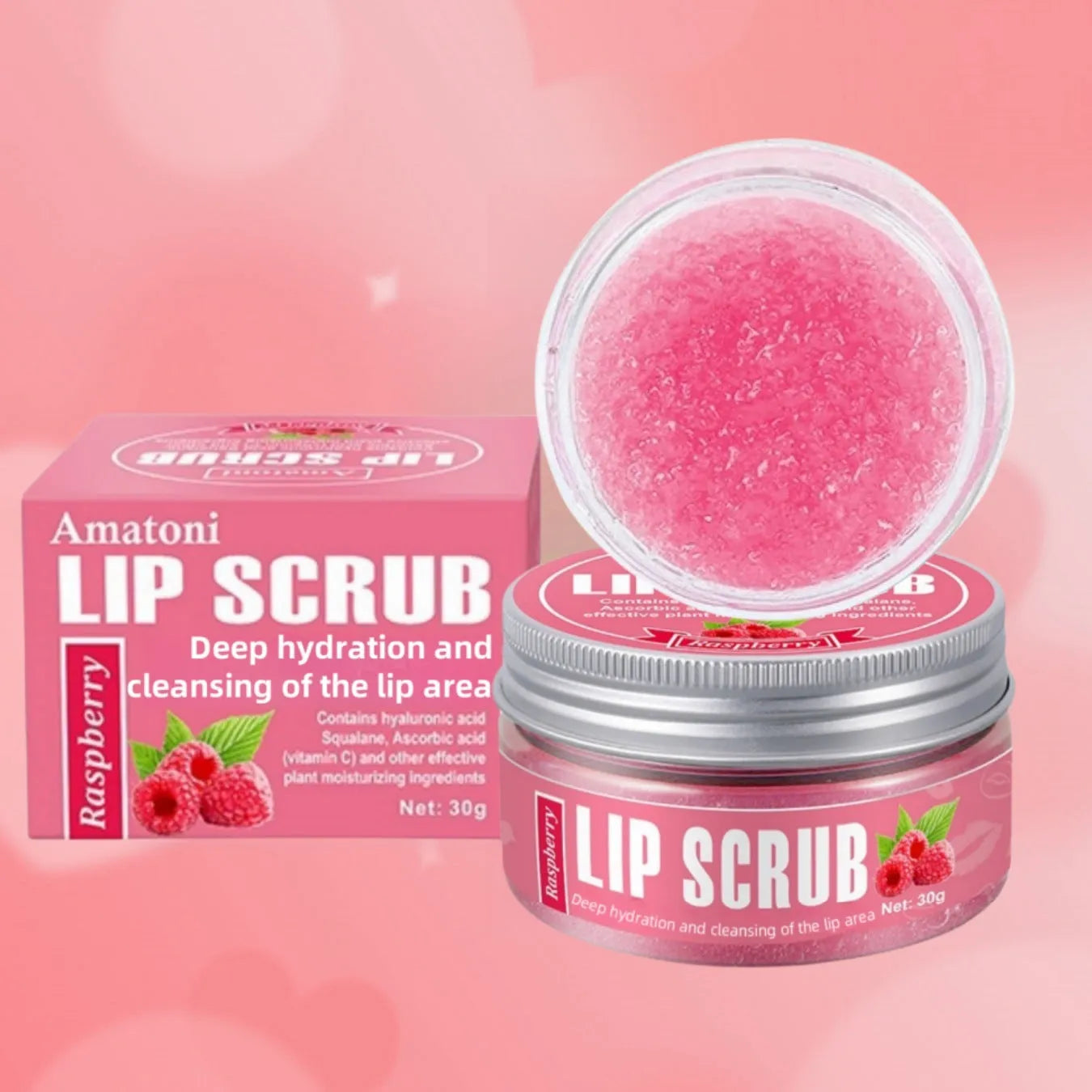 Amatoni Lip Scrub pot in Coconut, Raspberry, Vanilla, or Watermelon flavour, 30g net weight.