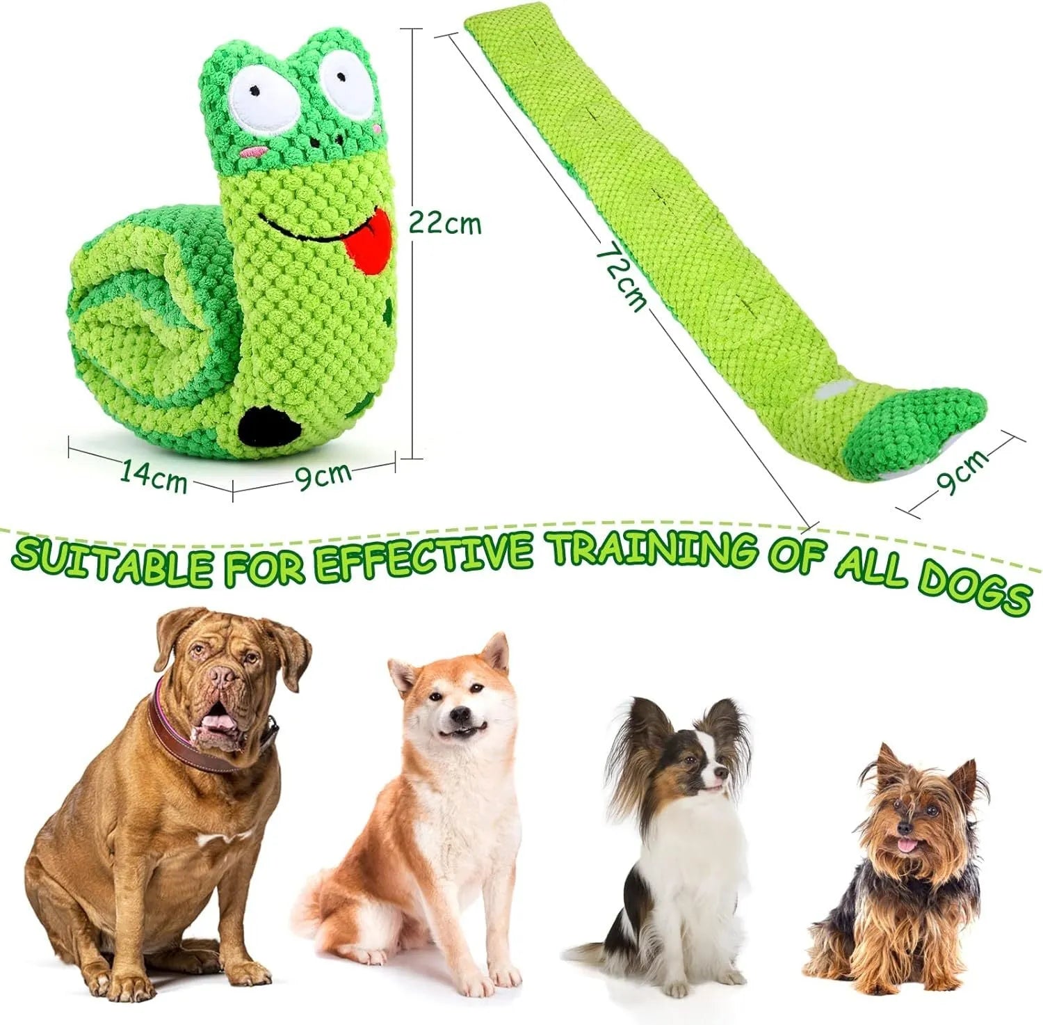 Interactive squeak dog toy in snail shape with thick velvet fabric, unfolds into a stick.