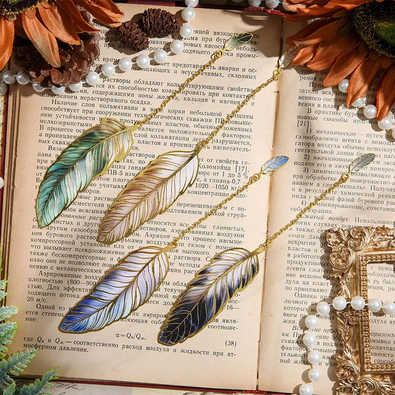 Metal feather bookmark in classical Chinese style with available colours including Aurora, Dark Night, Mist, and Stars