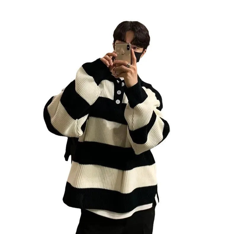 Men's loose striped pullover sweater coat in black or grey with long sleeves