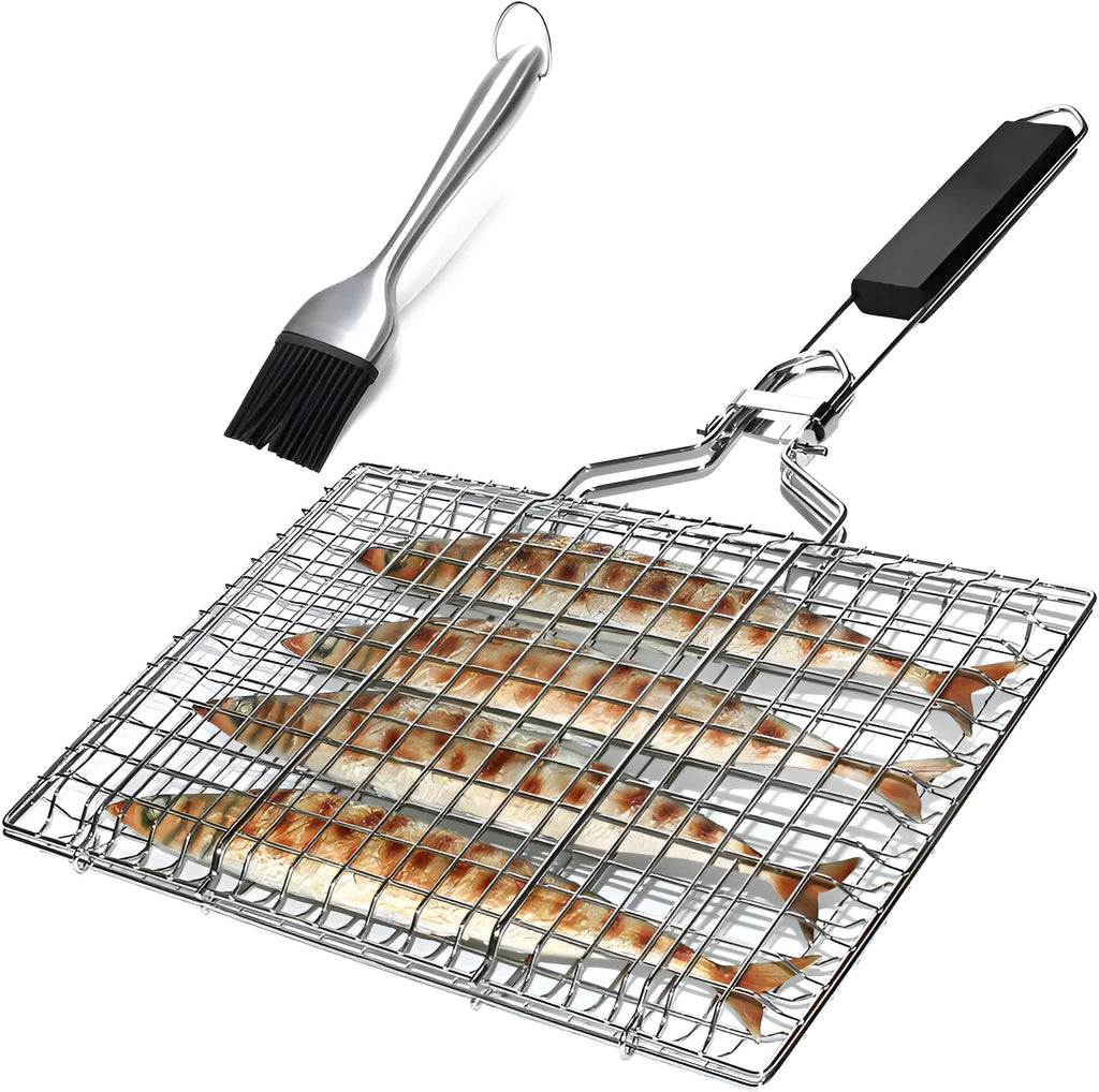 Square stainless steel folding barbecue mesh basket with a cleaning brush on a grill