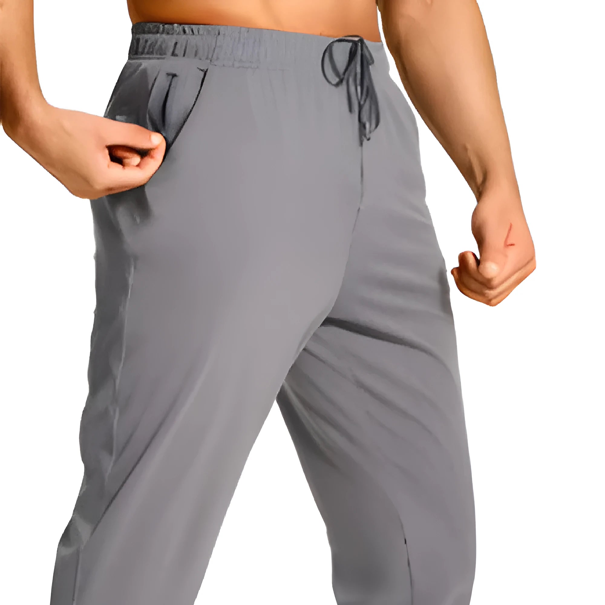 Men's loose fit polyester casual trousers shown in a solid colour, available in multiple sizes.