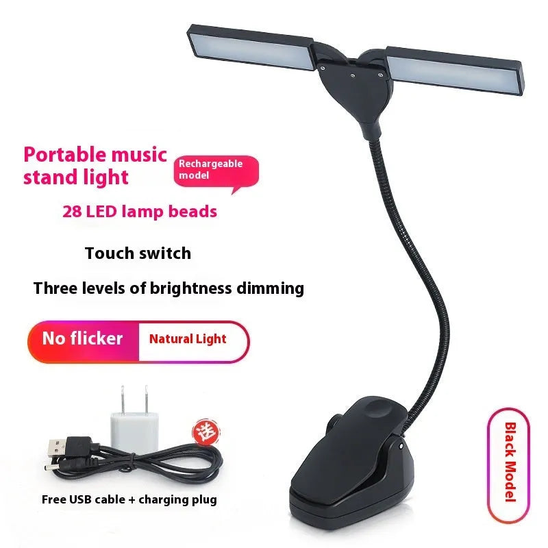 Black rechargeable music stand lamp with 28 LEDs clipped to a metal music stand.