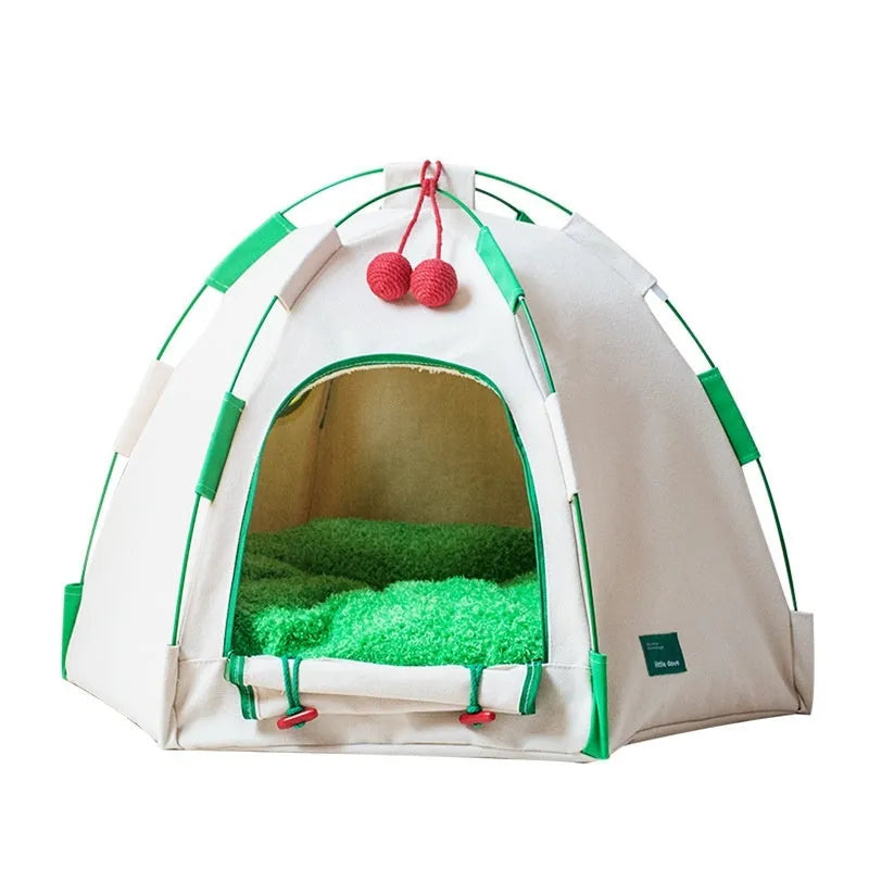 Dome-shaped cloth cat tent with front opening and optional thick pad insert