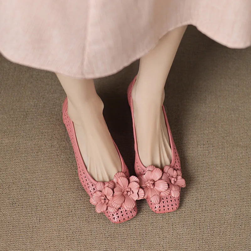 Light brown women's leather pumps with a hollow weave design and a mid-height heel.