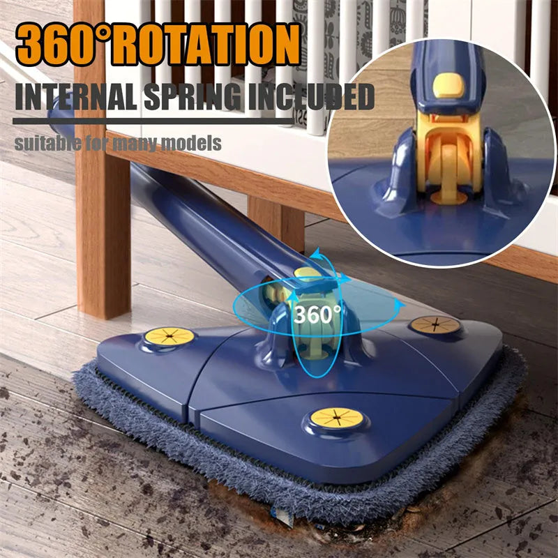 Blue triangular cleaning mop with a 360-degree rotating head and extended stainless steel pole on a tile floor.