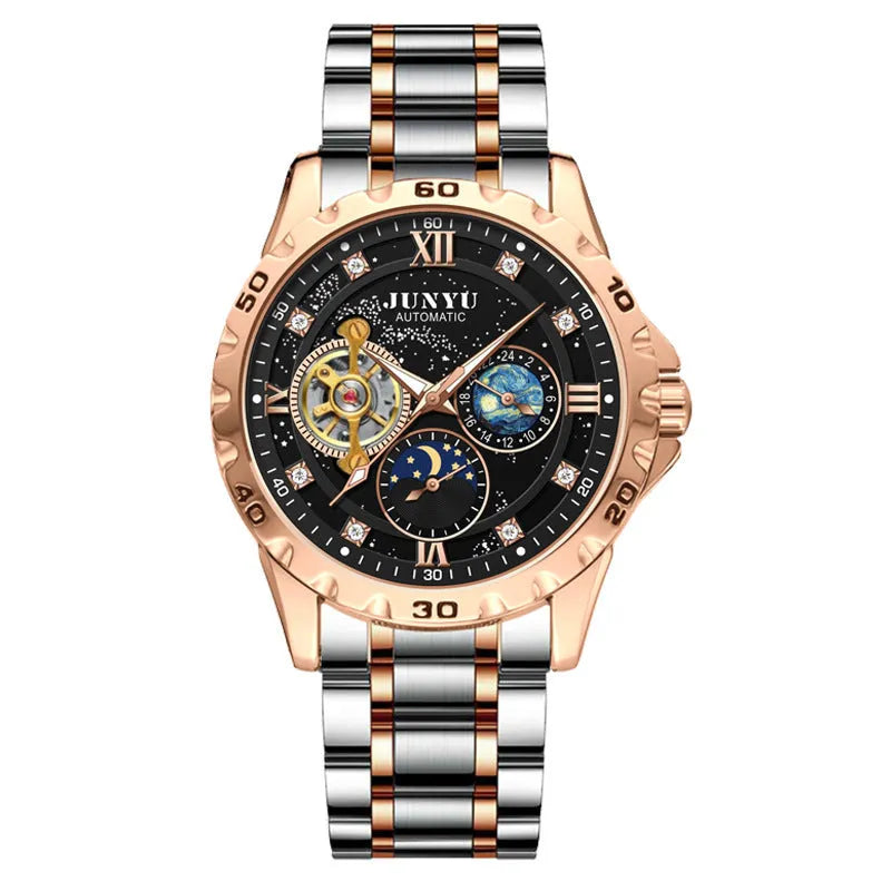Automatic mechanical watch with silver case and black dial showing luminous markers