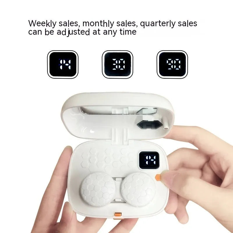 Blue automatic ultrasonic contact lens cleaning machine on a white background.