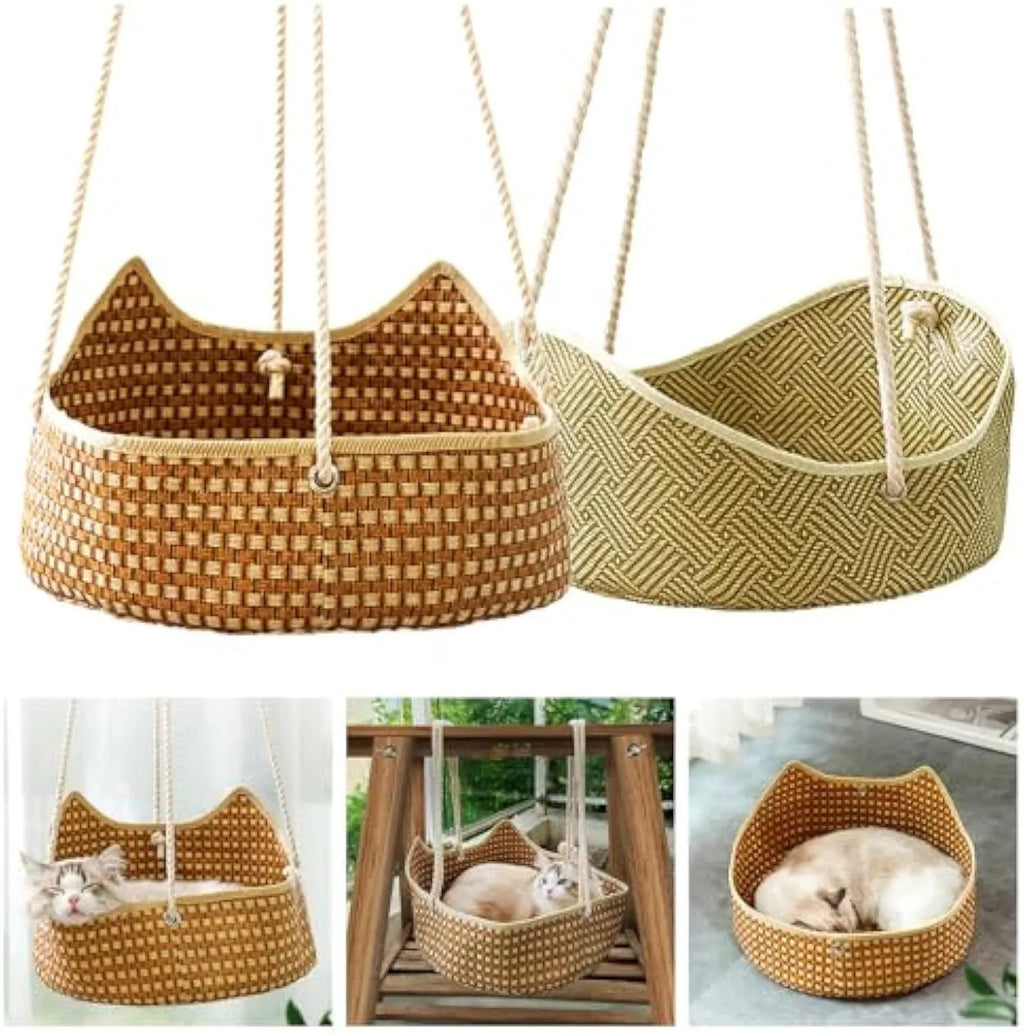 Green rattan cat hammock with bamboo frame and metal hooks, 40cm by 20cm pet bed