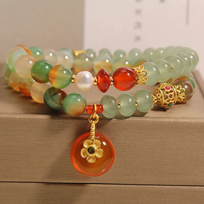 Peacock green agate double ring bracelet for women with alloy safety buckle pendant and rhinestones