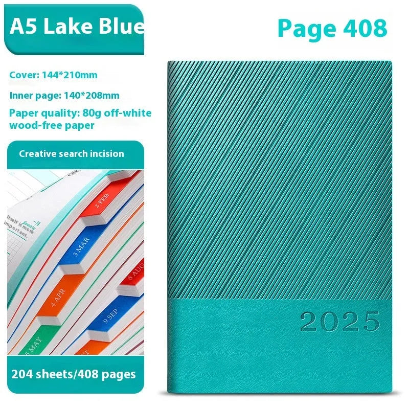 A5 striped PU leather notepad open to show 80g wood-free paper with 408 pages
