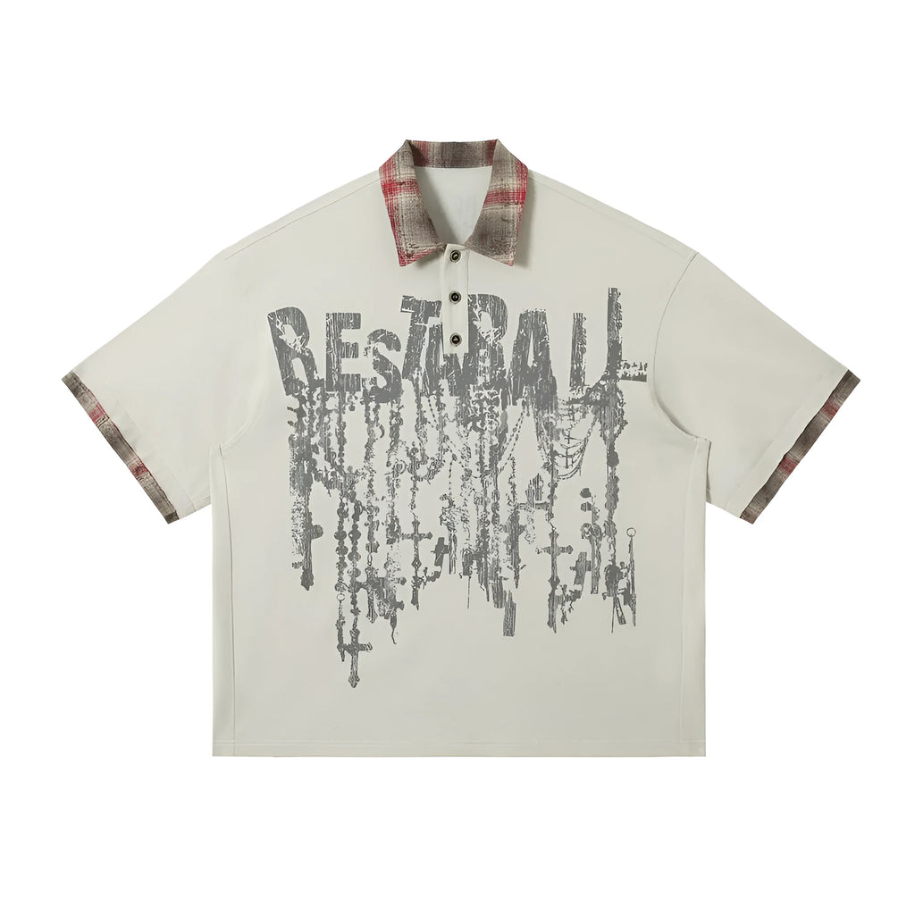 Men's loose fit cotton short-sleeved top with graffiti printing and asymmetric street style design