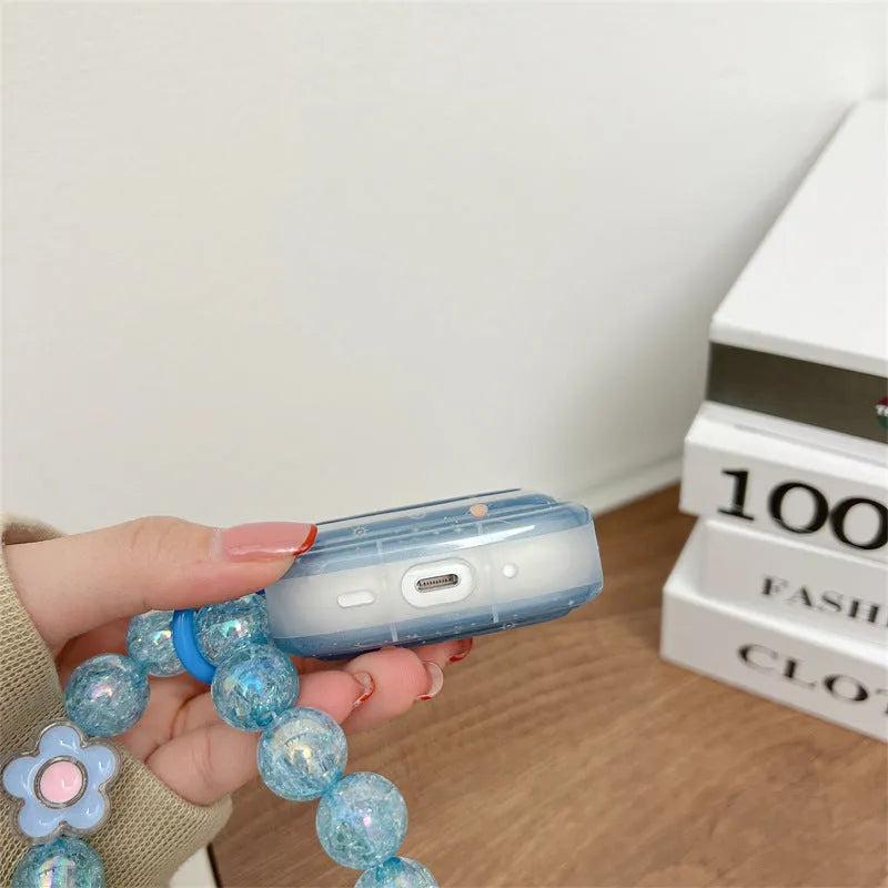 Wavy edge blue starry sky TPU soft shell earphone case for AirPods with chain