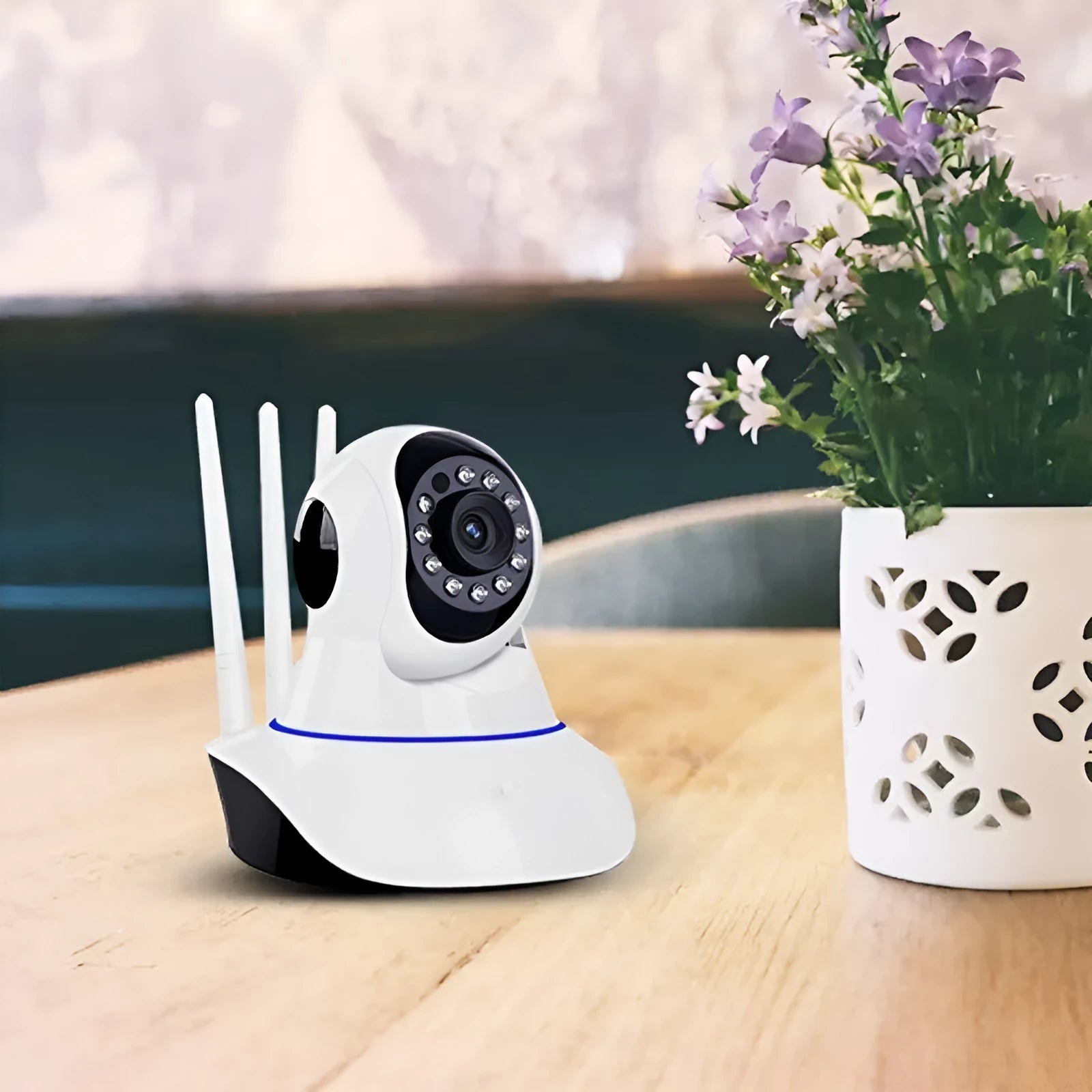 White wireless dome security camera for indoor and outdoor HD video surveillance.
