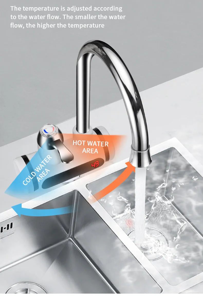 White kitchen instant electric water heater tap with digital temperature display
