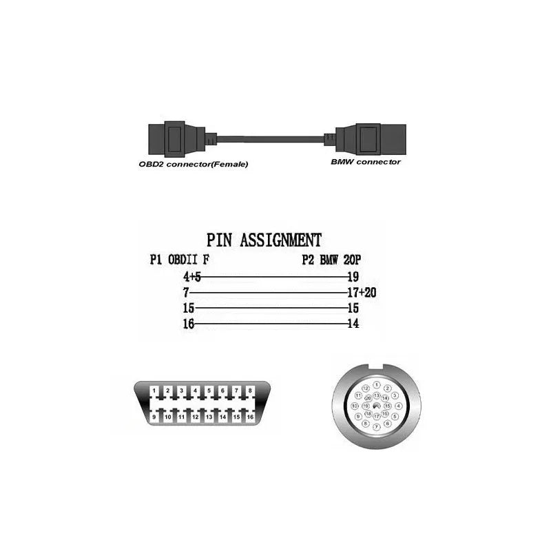 OBD2 adapter cable with a BMW 20-pin connector and a standard 16-pin OBD2 socket