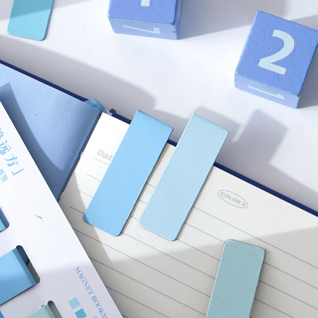 Set of four magnetic bookmarks with Morandi colour block designs in soft pastel shades